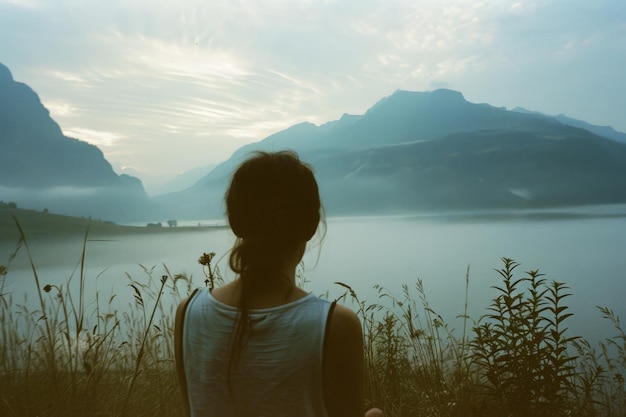 Contemplative Woman Overlooking Majestic Mountain Range