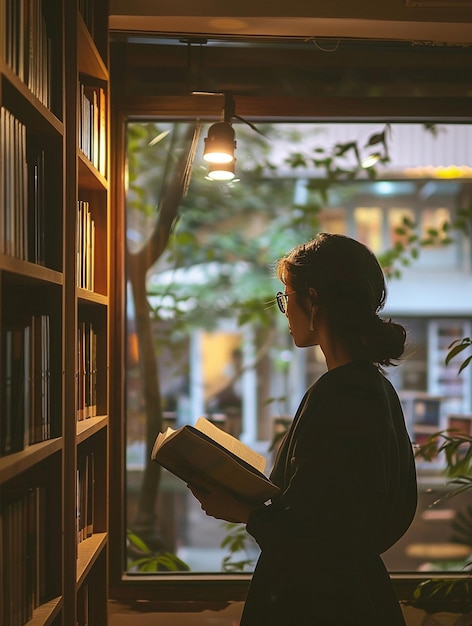 Contemplative Woman Reading in Cozy Library