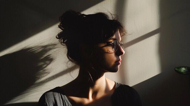 Contemplative Woman in Shadows Dramatic Lighting and Reflective Mood