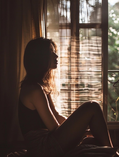 Contemplative Woman in Silhouette by Sunlit Window