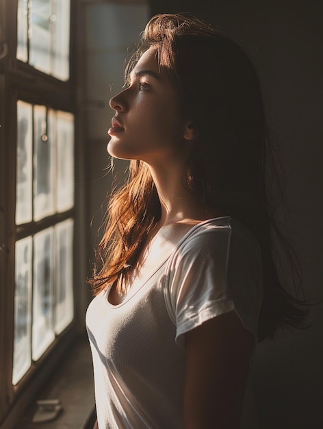 Contemplative Woman in Sunlit Room