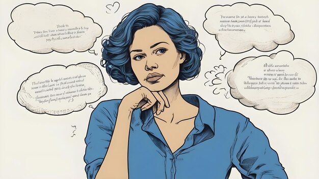 Contemplative Woman in Thought Pensive Lady with Speech Bubbles Young Woman Lost in Thought