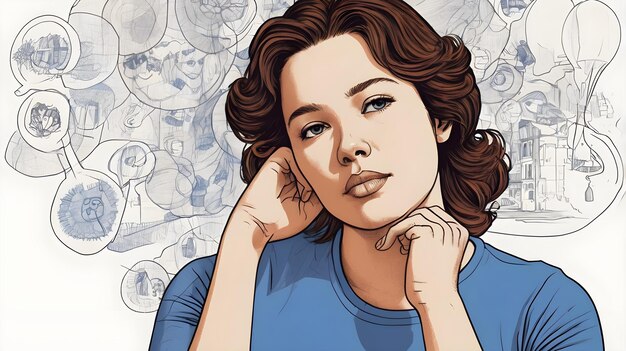 Contemplative Woman in Thought Pensive Lady with Speech Bubbles Young Woman Lost in Thought