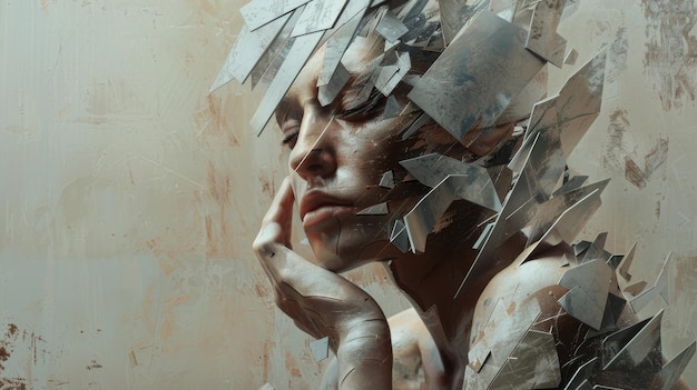 Contemplative Woman with Shattered Mirror Fragments on Skin