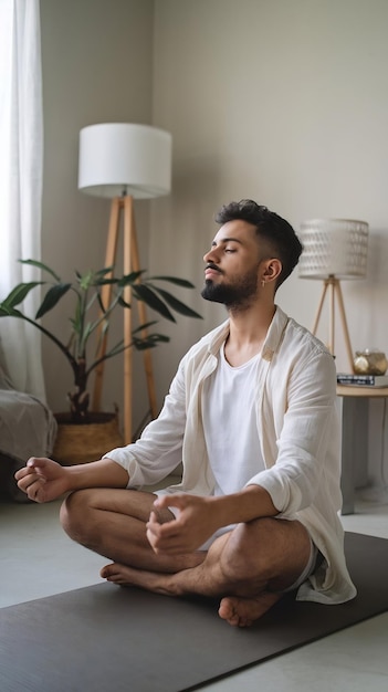 Contemplative young man sitting on mat at home