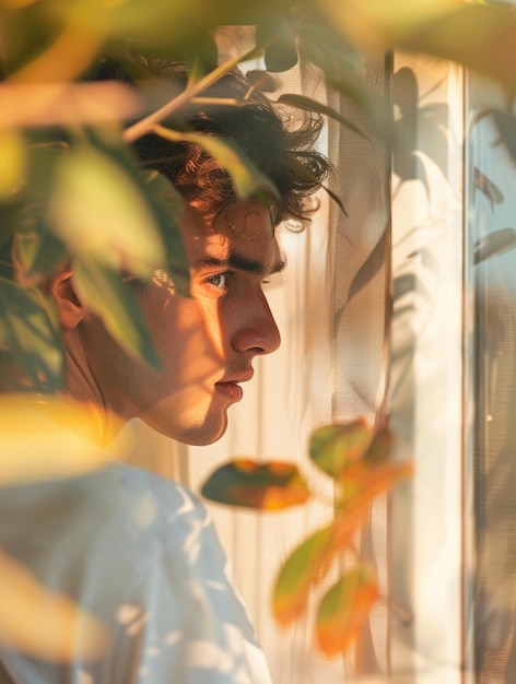 Photo contemplative young man in sunlit foliage