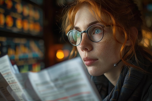 Photo a contemplative young woman with red hair and freckles reads financial papers with trading screens blurred in the background highlighting focus and analysis