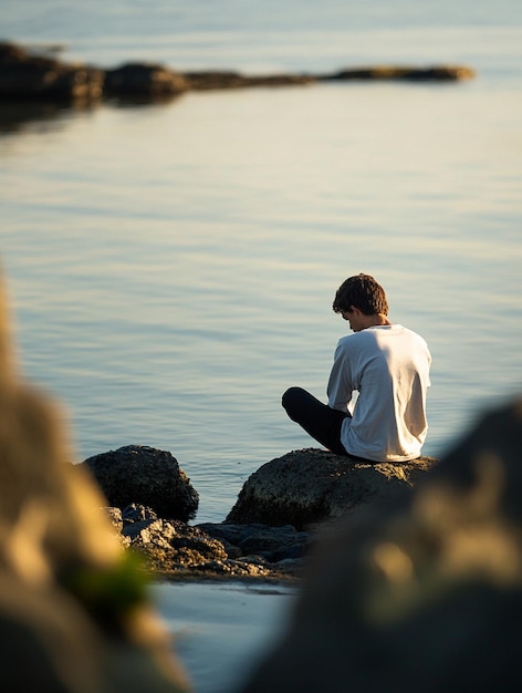 Photo contemplative youth by tranquil waters serenity and reflection in nature