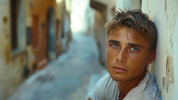 A contemplative youth leans against a wall lost in thought in an alley