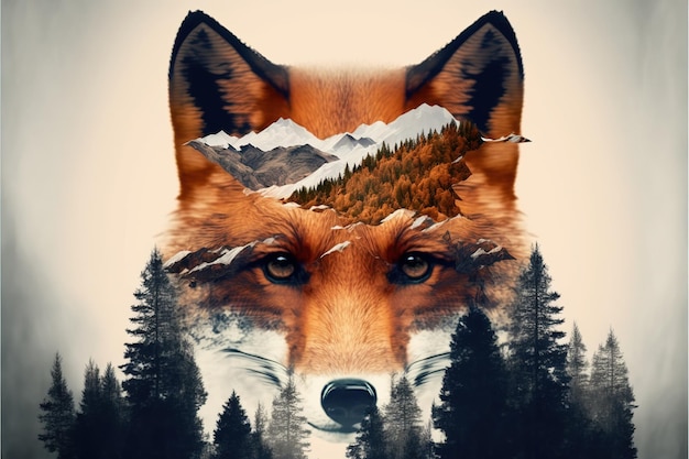 Contemporary abstract art double exposure of red fox and forest landscape Superb