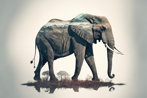 Contemporary abstract artwork double exposure of elephant and nature