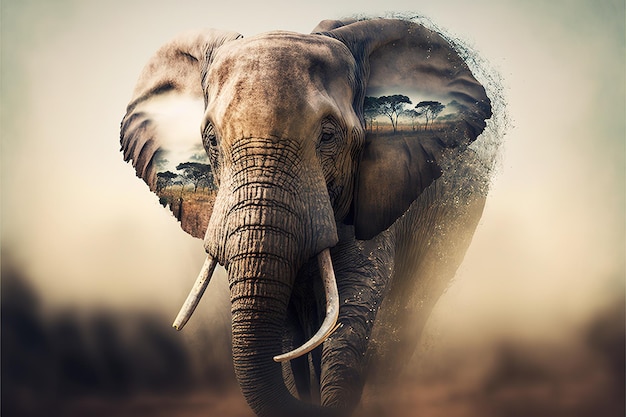 Contemporary abstract artwork double exposure of elephant and nature