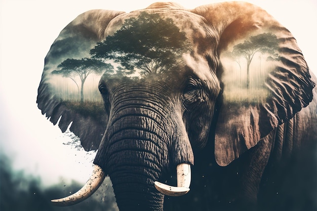 Contemporary abstract artwork double exposure of elephant and nature