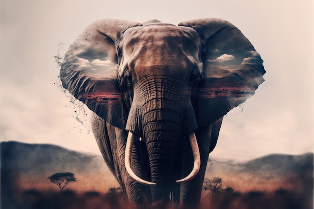 Contemporary abstract artwork double exposure of elephant and nature