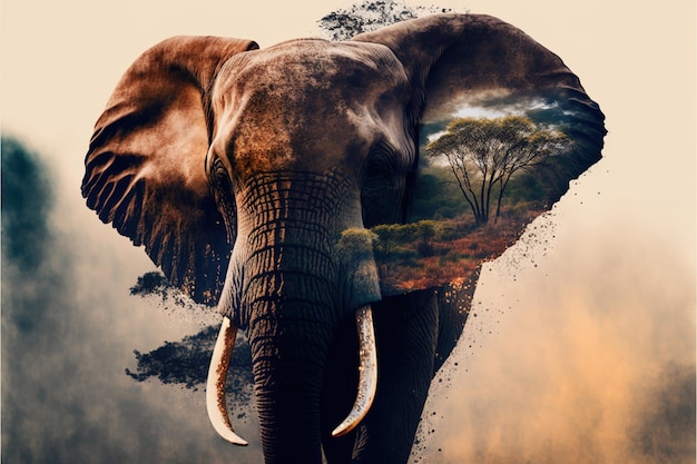 Contemporary abstract artwork double exposure of elephant and nature