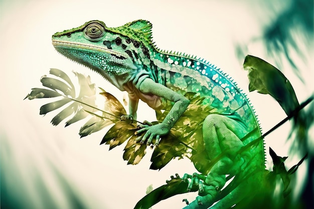 Contemporary abstract artwork double exposure of green lizard and forest