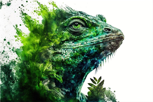 Contemporary abstract artwork double exposure of green lizard and forest