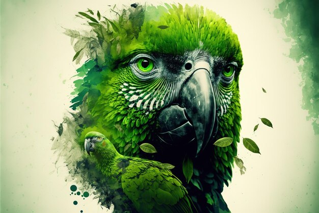 Contemporary abstract artwork double exposure of green parrot and forest