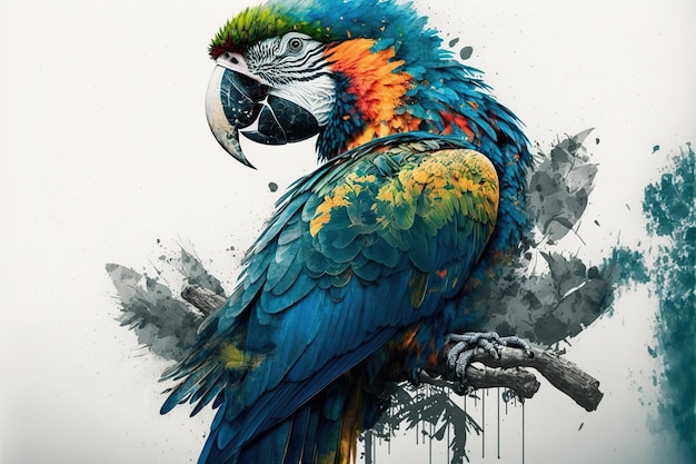 Contemporary abstract artwork double exposure macaw of and forest