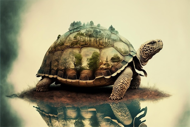 Contemporary abstract artwork double exposure turtle of and forest