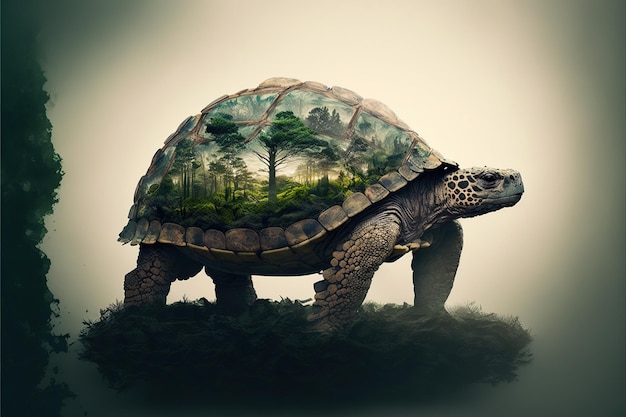 Contemporary abstract artwork double exposure turtle of and forest