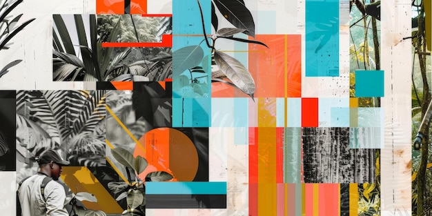 Contemporary Abstract Collage of Tropical Foliage with Geometric Shapes and Vivid Colors