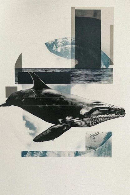 Contemporary animal collage art with whale risograph print