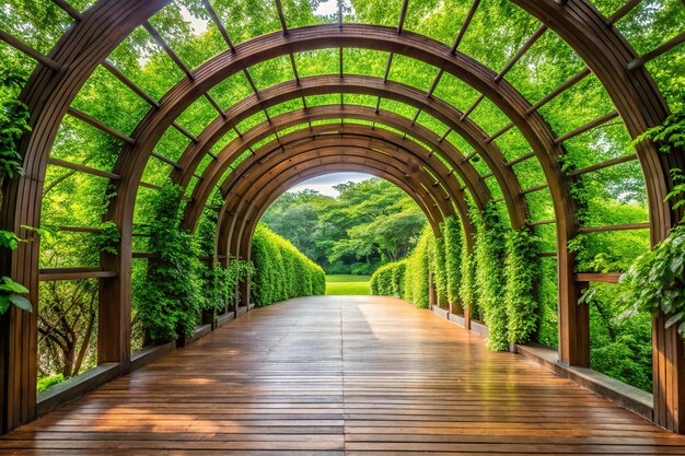 Photo contemporary archway with wooden platform and green leaves