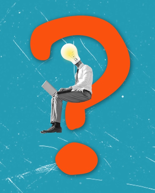 Contemporary art collage Businessman sitting on a question mark and working with a light bulb