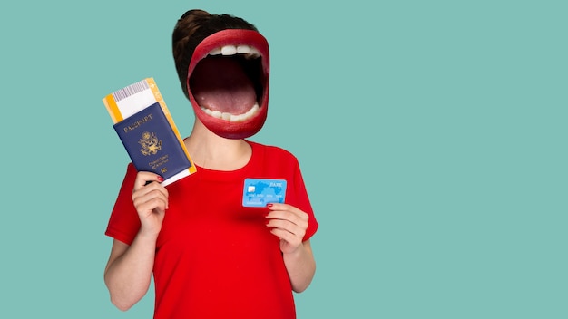 Contemporary art collage Composition with young woman headed of female mouth in red dress showing credit card and air ticket on blue background