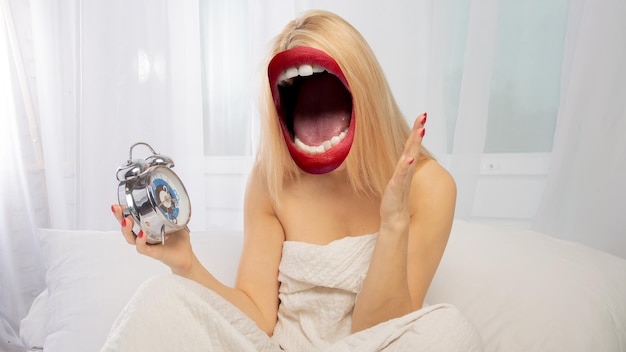 Contemporary art collage Composition with young woman headed of female mouth Shocked young woman waking up with alarm