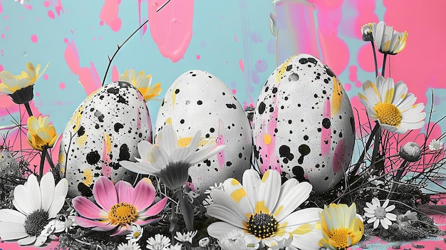 Contemporary Art Collage of Easter Eggs and Spring Flowers