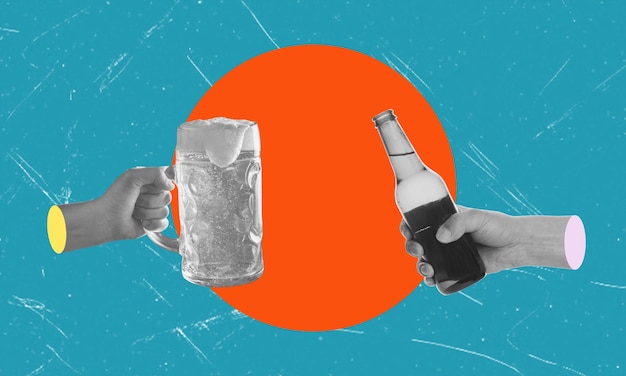 Contemporary art collage Hands holding a bottle and a mug of beer on a blue background