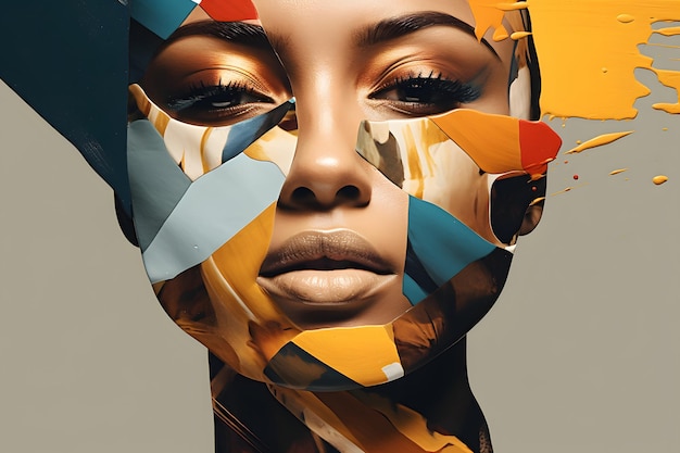 Contemporary art collage Modern design Female face made from different face parts of women of vari