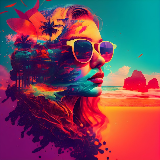 Contemporary art collage Portrait of a beautiful woman in sunglasses on the beach