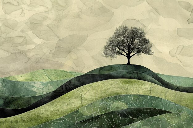 Photo contemporary art collage of serene landscape with single tree