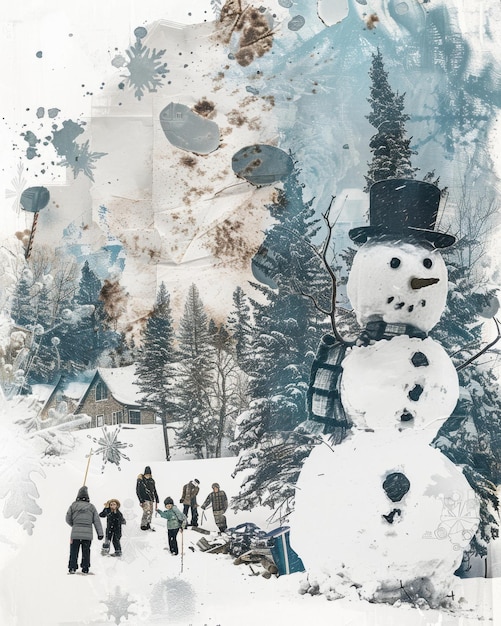 Photo contemporary art collage of snowman and children in winter wonderland