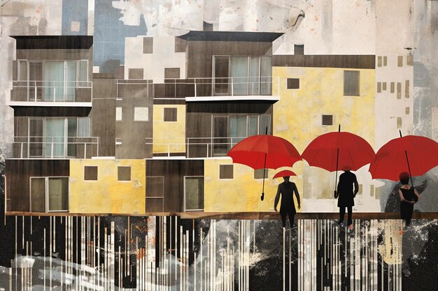 Photo contemporary artistic collage depicting two umbrellas and inclement weather