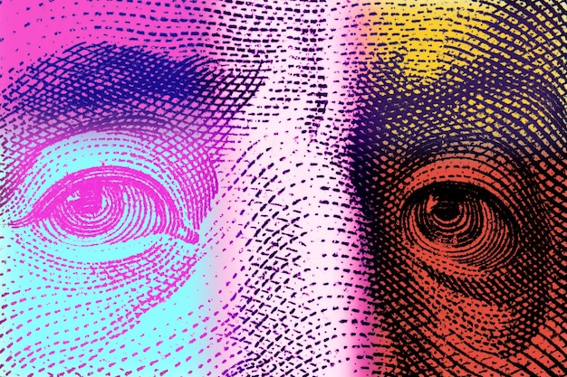 Contemporary artwork close up president banknotes face digital texture backdrop trendy pop art fun