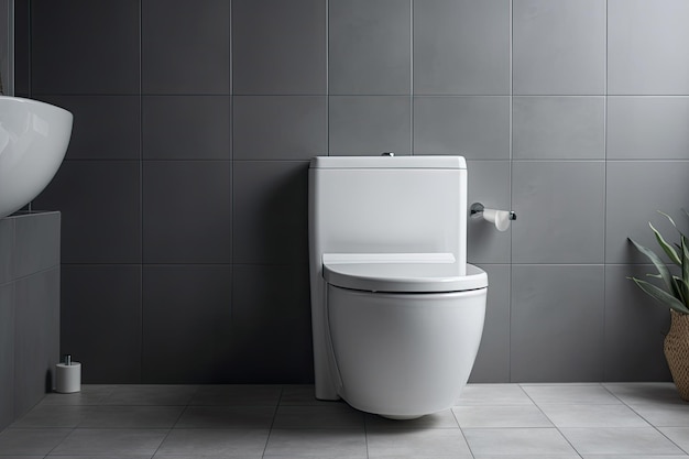 In a contemporary bathroom a gray wall contrasts with a ceramic white toilet bowl