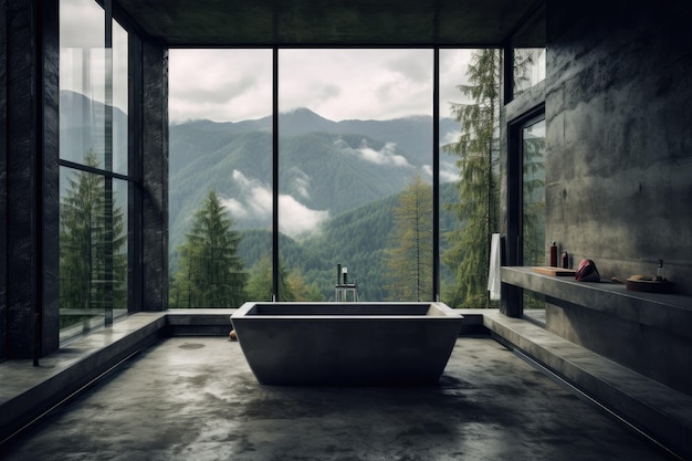 A contemporary bathroom has a double sink, a black oval bathtub, windows with views of a plant, and a concrete floor. A bathroom with modern furniture and a minimalist d�cor.