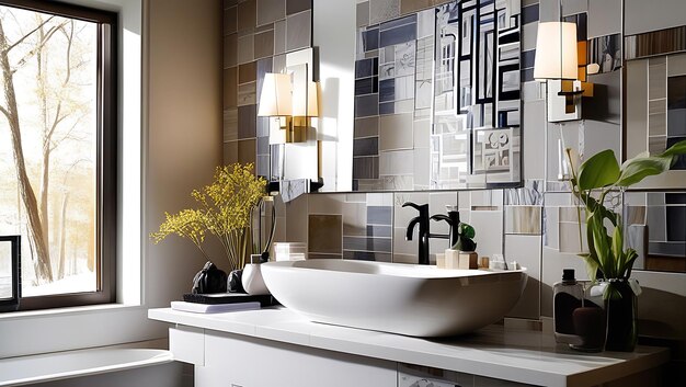 Photo contemporary bathroom with artistic tile designs