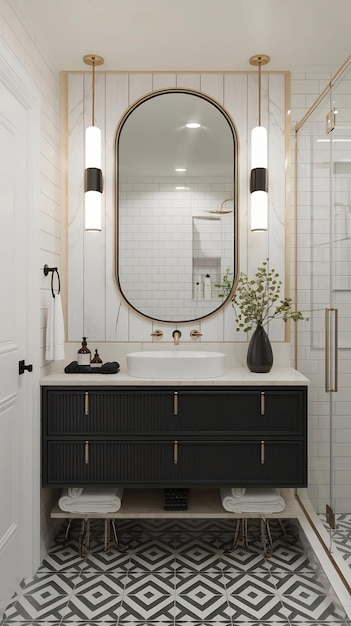 Photo contemporary bathroom with black and gold accents