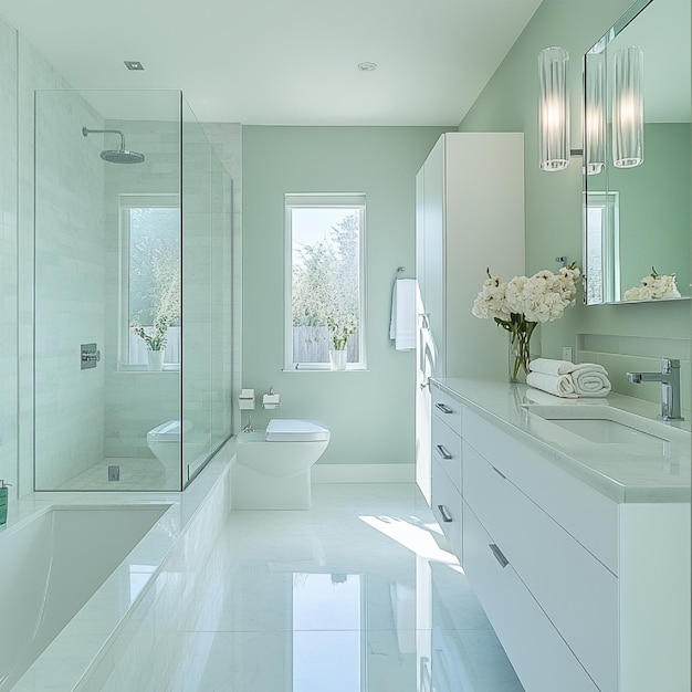 A contemporary bathroom with a clean crisp palette of white light gray and pale green