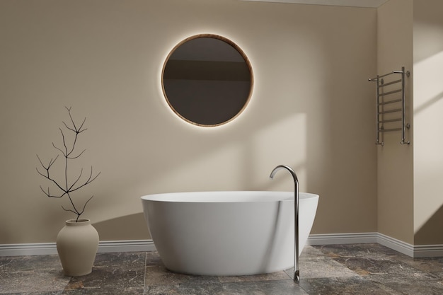 Contemporary Bathroom with floor tub interior with round mirror