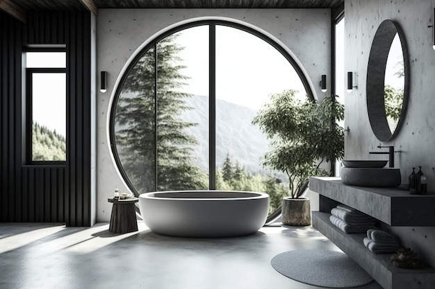 A contemporary bathrooms interior features a huge window concrete floors white and wooden walls and a black round bathtub