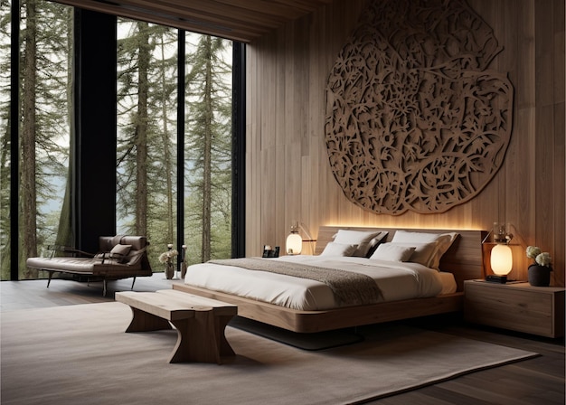 contemporary bedroom interior design with wooden wal