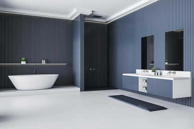 Contemporary blue blank bathroom interior with bathtub furniture and other items 3D Rendering