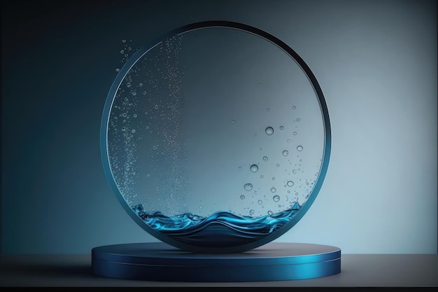 Contemporary blue circle Podium with glass and water AI generation