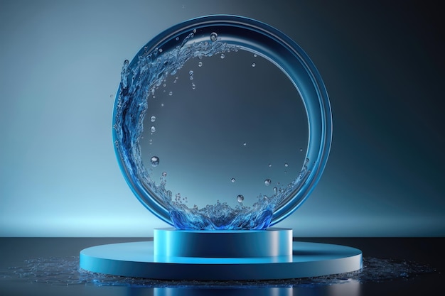 Contemporary blue circle Podium with glass and water AI generation